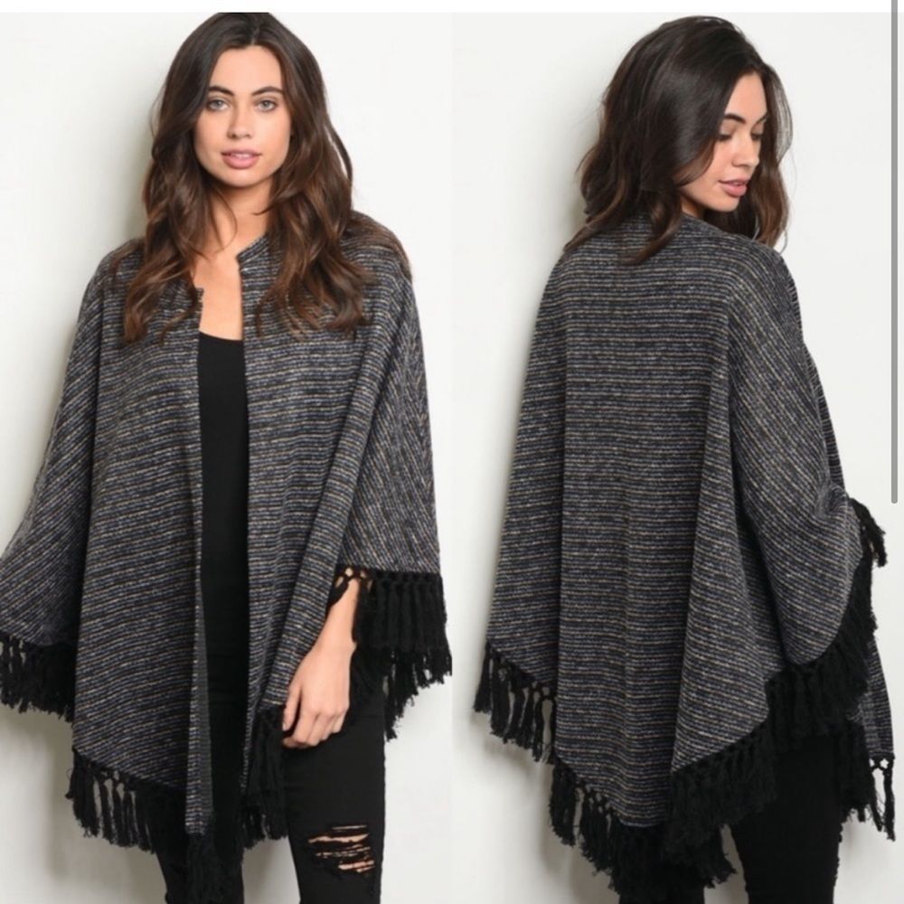 Neutral tones fringe poncho style cardigan
